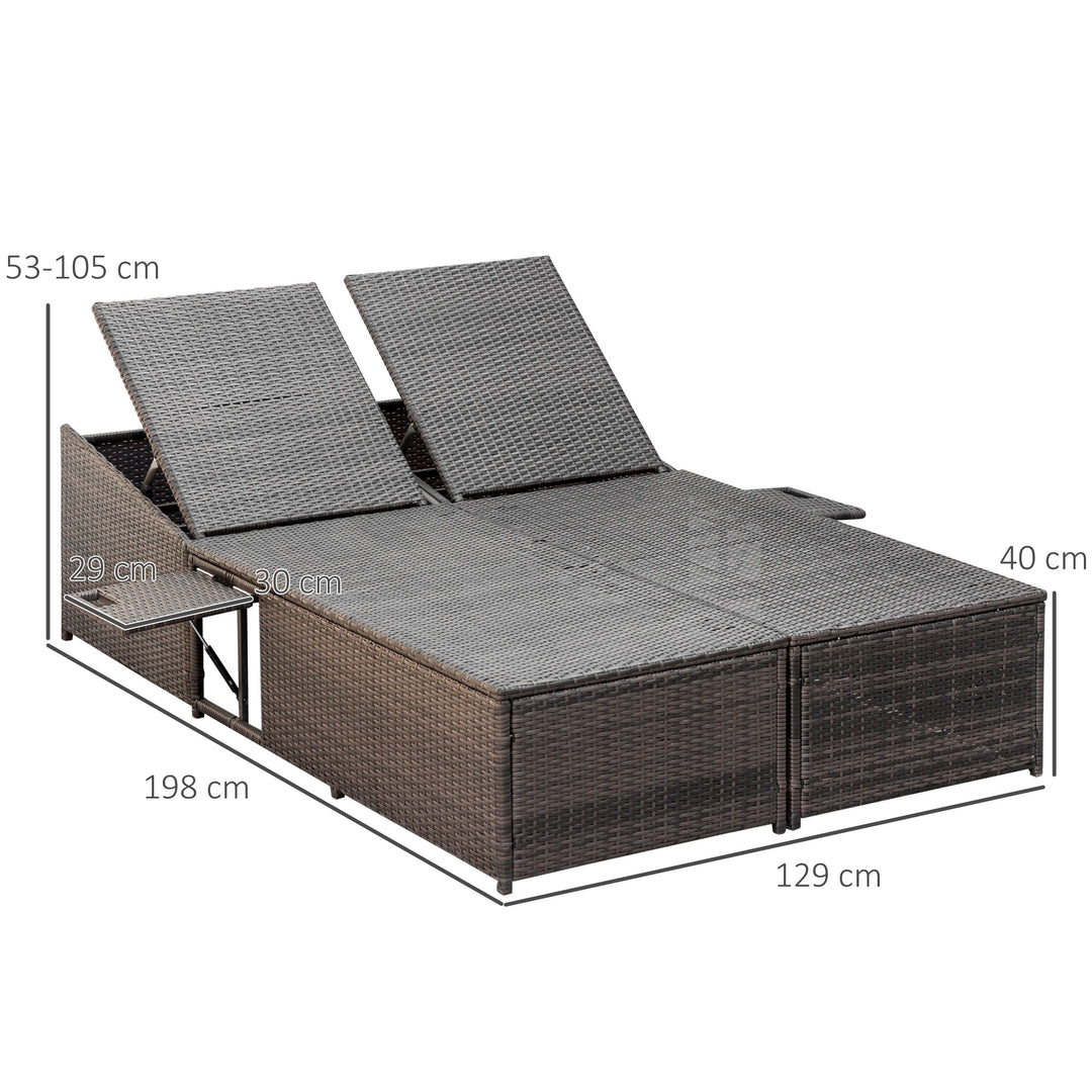 Double Rattan Sun Lounger, Garden Daybed with 5-Level Adjustable Backrest and Flip Side Trays, Wicker Outdoor Furniture Recliner with Cushions and Pillows for Patio, Cream White