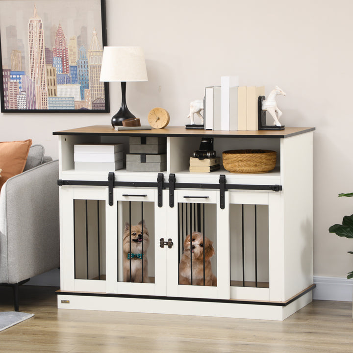 PawHut Dog Crate Furniture for Small & Large Dogs with Movable Divider, Dog Cage End Table with Shelves, Sliding Doors, 120 x 60 x 88.5 cm, White