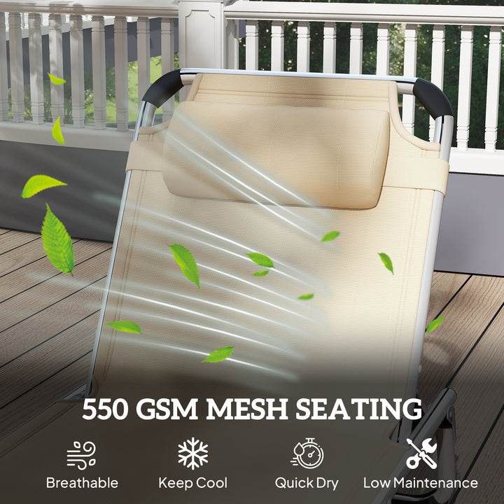 MCL Foldable Outdoor Sun Lounger, Reclining Lounge Chair Camping Bed Cot with Pillow 4-Level Adjustable Back Aluminium Frame, Khaki