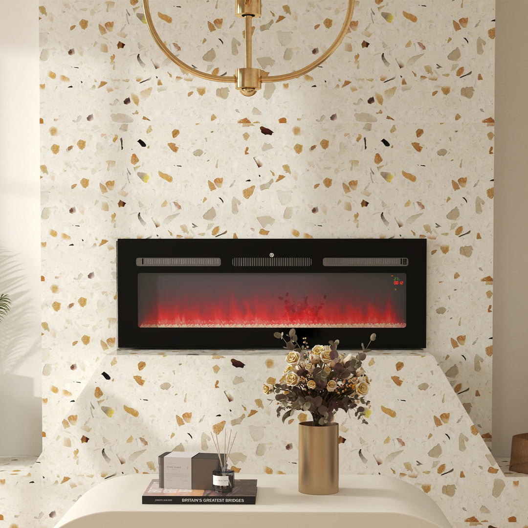HOMCOM 127cm/50" Electric Fireplace, 2000W Recessed and Wall Mounted Electric Fire with Remote Control, 9 Flame Colour and Crystal, Black