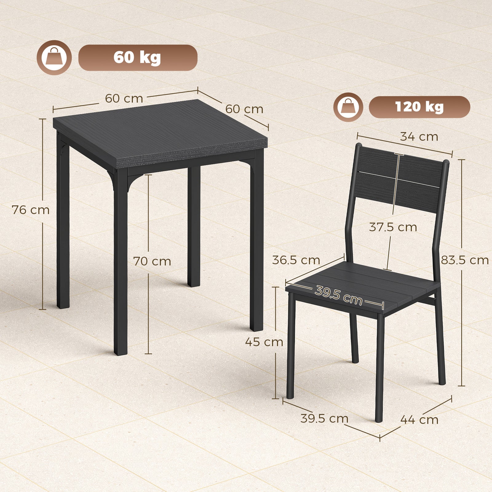 3 Piece Space-Saving Kitchen Table and Chairs, Dining Table Set for 2 