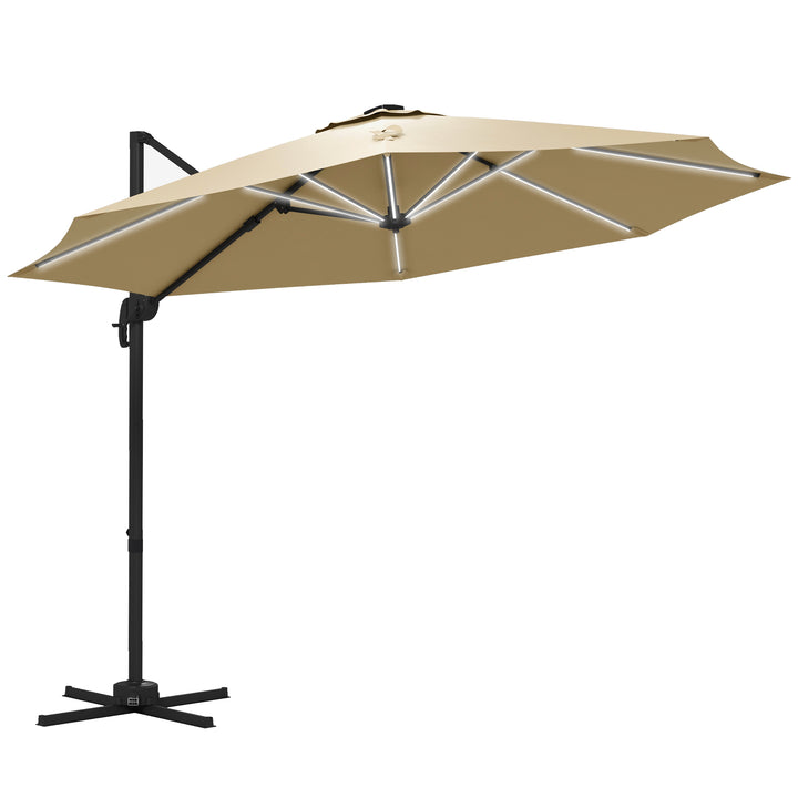 Outsunny Waterproof 3(m) Adjustable Cantilever Parasol with Base, Solar LED Lights, Khaki | Aosom UK