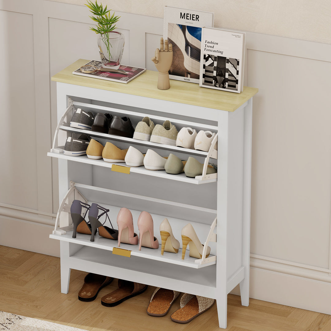 Narrow Shoe Cabinet, Boho Slim Shoe Storage Cabinet with 2 Flip Drawer