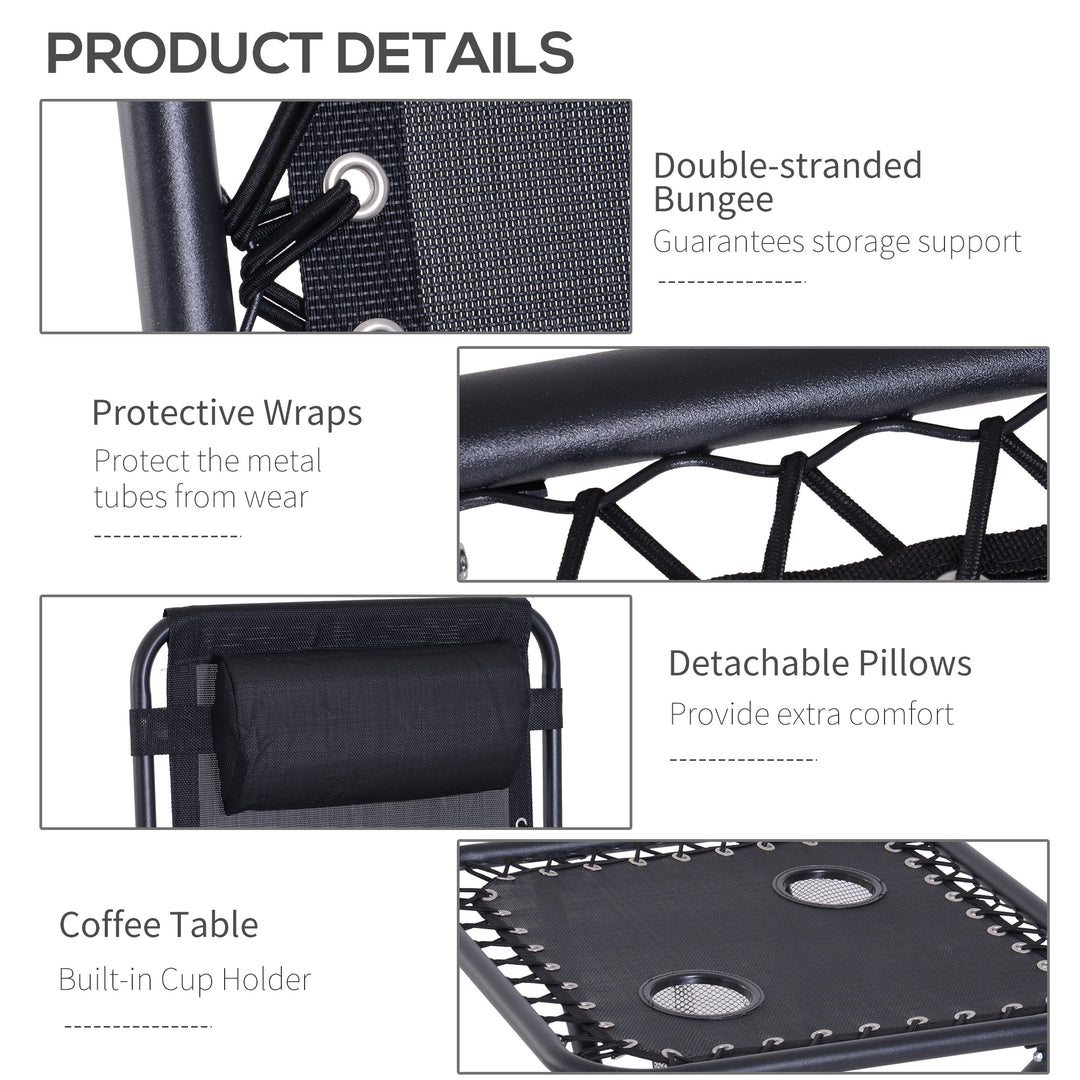 MCL Folding Zero Gravity Chairs, 3 Pieces Adjustable Sun Lounger and Table Set with Cup Holder and Headrest, Patio Bistro Set with Reclining Garden Chairs for Outdoor, Black