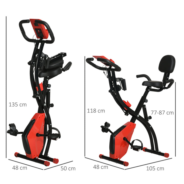 2-in-1 Folding Exercise Bike with 8-Level Magnetic Resistance, Arm Resistance Band, Pulse Sensor, Red