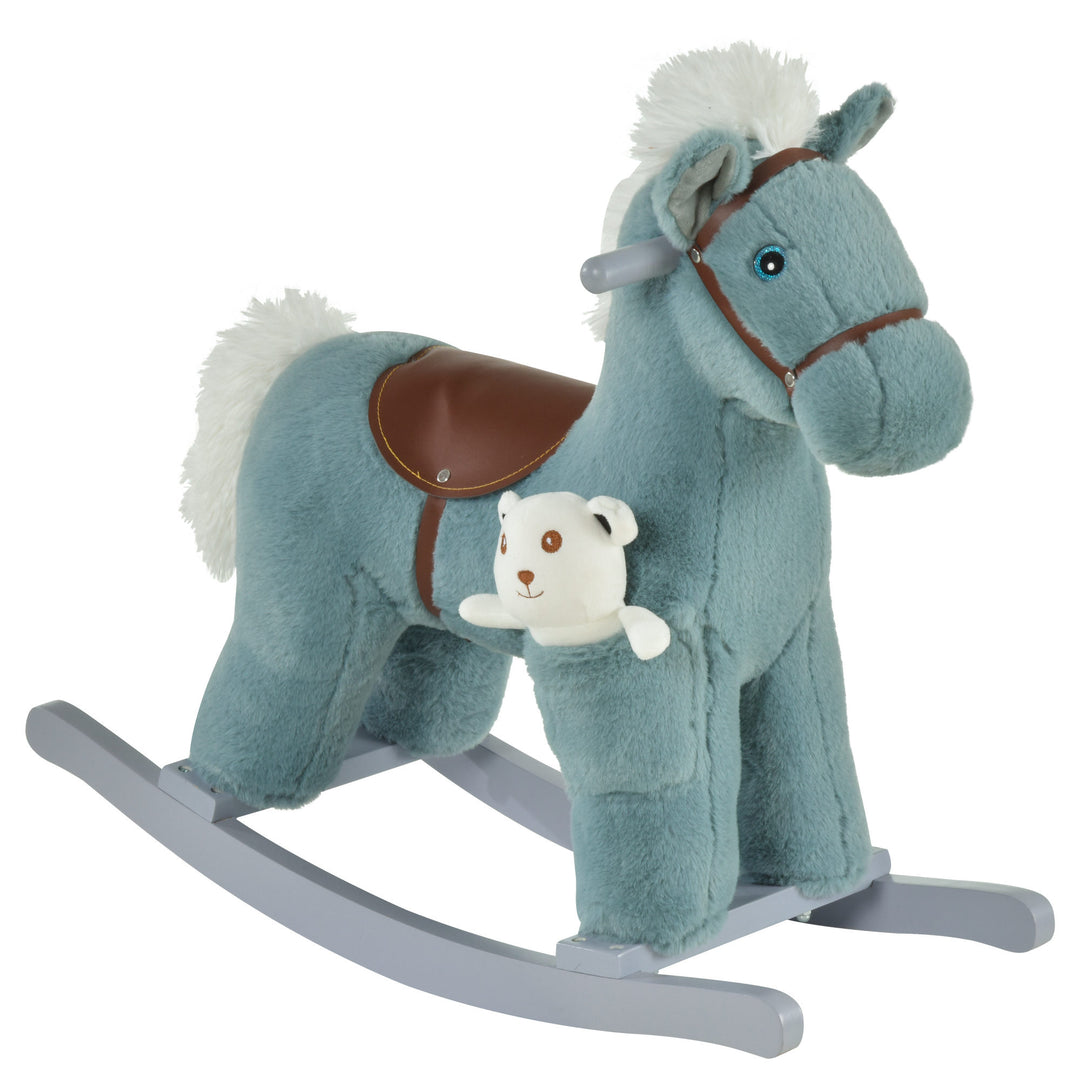 MCL Kids Plush Ride-On Rocking Horse Toy Rocker with Plush Toy Realistic Sounds for Child 18-36 Months Blue