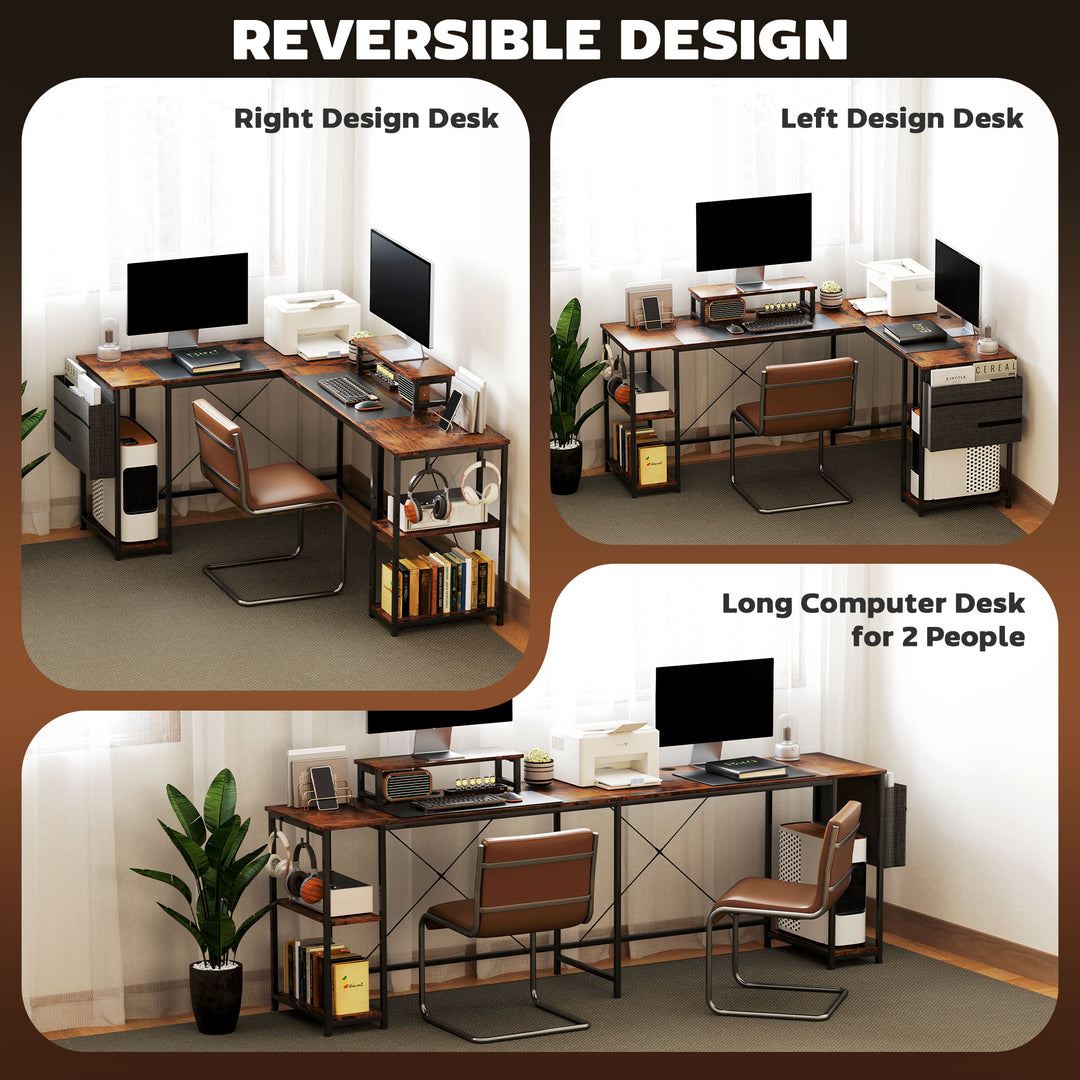 168cm Reversible L Shaped Desk, Industrial Corner Computer Desk with Adjustable Shelf and Storage Bag, 240cm 2 Person PC Table with Monitor Stand, Rustic Brown