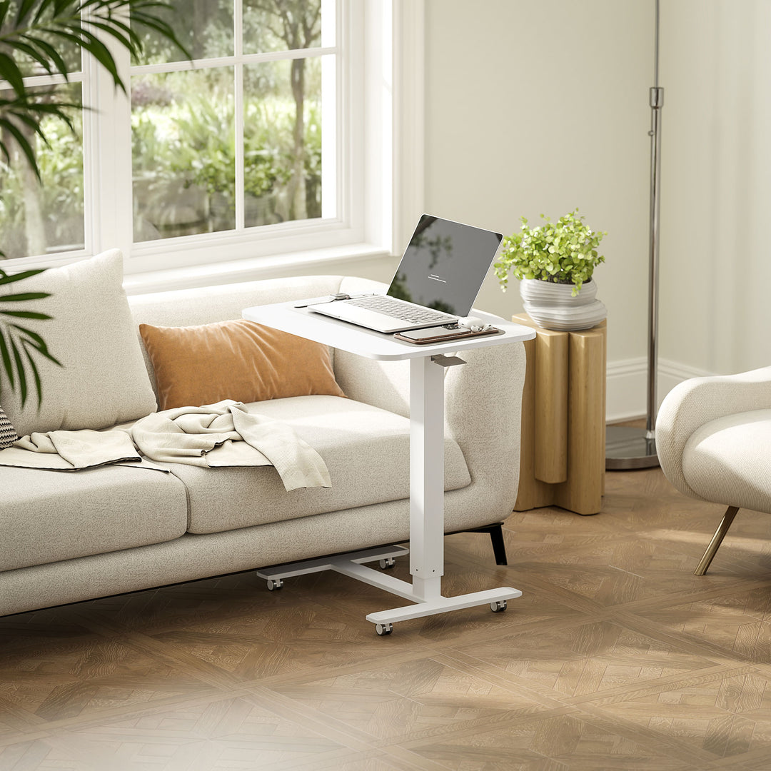 Height Adjustable Standing Desk, Pneumatic Sit Stand Desk for Laptop, Mobile Overbed Table with Wheels for Home Office, White