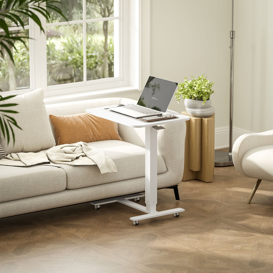 Height Adjustable Standing Desk, Pneumatic Sit Stand Desk for Laptop, Mobile Overbed Table with Wheels for Home Office, White