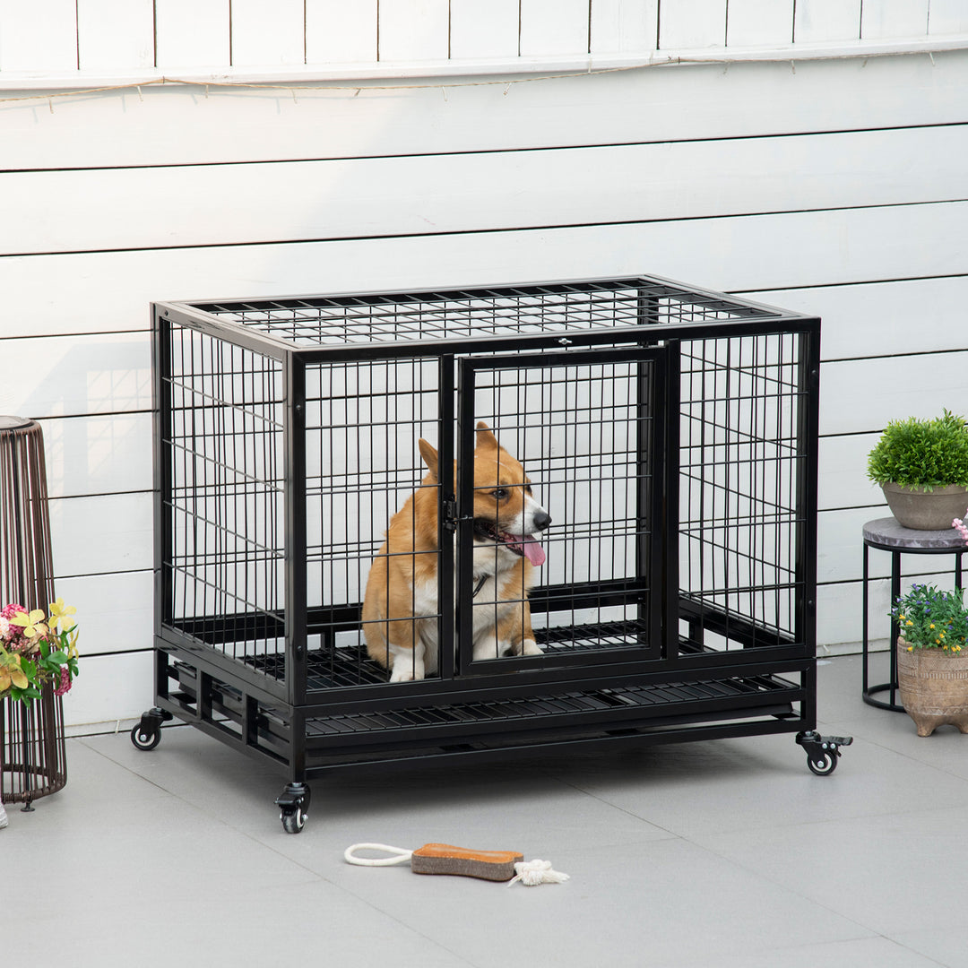 36" Heavy Duty Metal Dog Crate Pet Cage with Tray Wheeled Dog Kennel - Black (Medium)