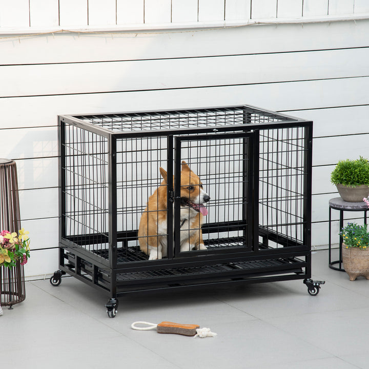 36" Heavy Duty Metal Dog Crate Pet Cage with Tray Wheeled Dog Kennel - Black (Medium)