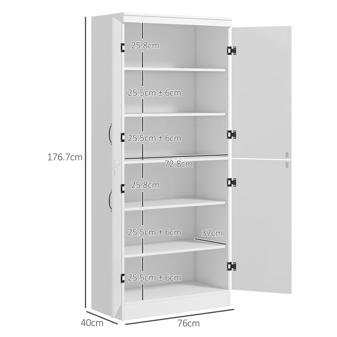 HOMCOM 4-Door Tall Kitchen Cupboard, Freestanding 6-Tier Storage Cabinet with 2 Adjustable Shelves for Living Room, Dining Room, White | Aosom UK