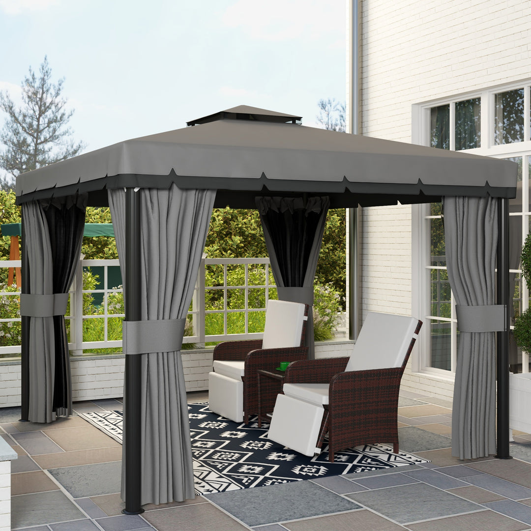 3 x 3(m) Patio Gazebo Canopy Garden Pavilion Tent Shelter Marquee with 2 Tier Roof, Netting and Curtains, Light Grey