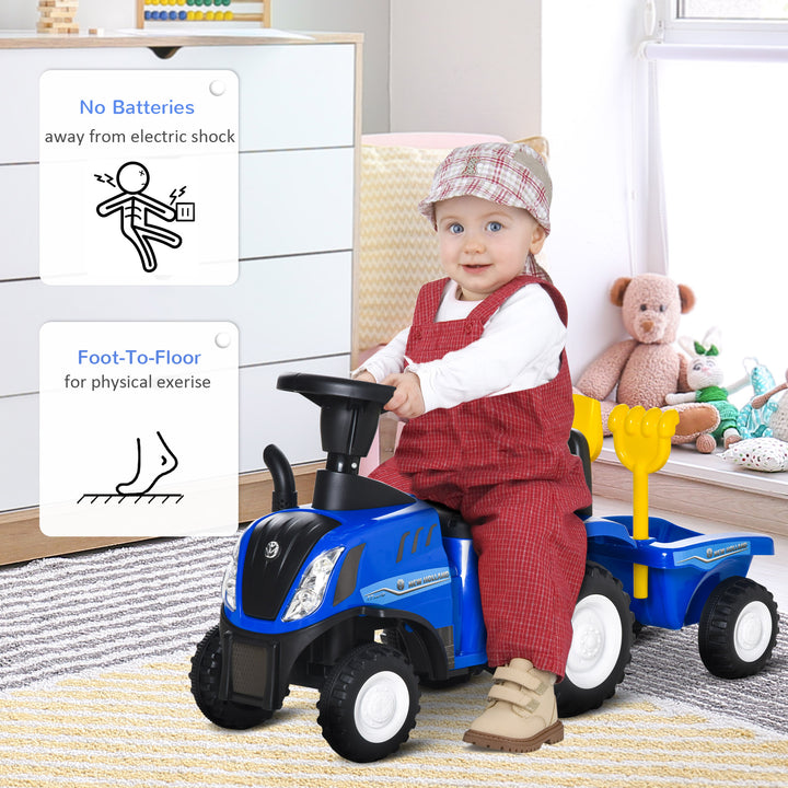 HOMCOM NEW HOLLAND Licensed Toddler Slider Car: Foot-to-Floor with Horn, Large Steering Wheel & Storage, for 12-36 Months, Azure | Aosom UK