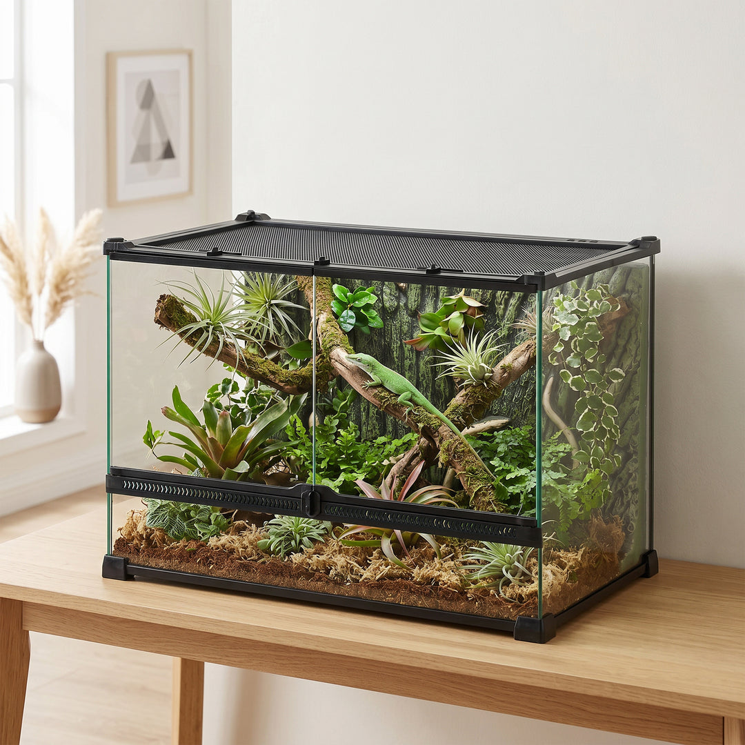 Reptile Glass Terrarium with Stone Background, Front Ventilation, Esca