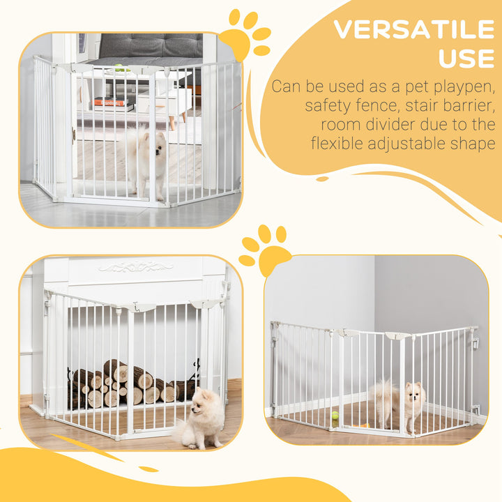 PawHut Pet Safety Gate 3-Panel Playpen Fireplace Christmas Tree Metal Fence Stair Barrier Room Divider w/Walk Through Door, White | Aosom UK