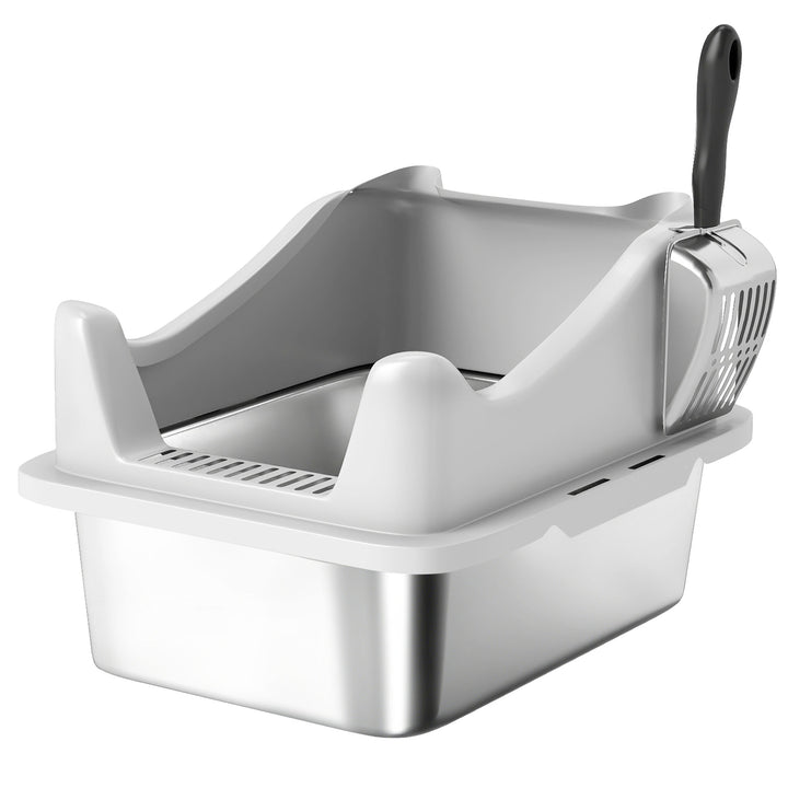 Stainless Steel Cat Litter Box with High Sides, Metal Scoop, 43 x 33 x 25 cm