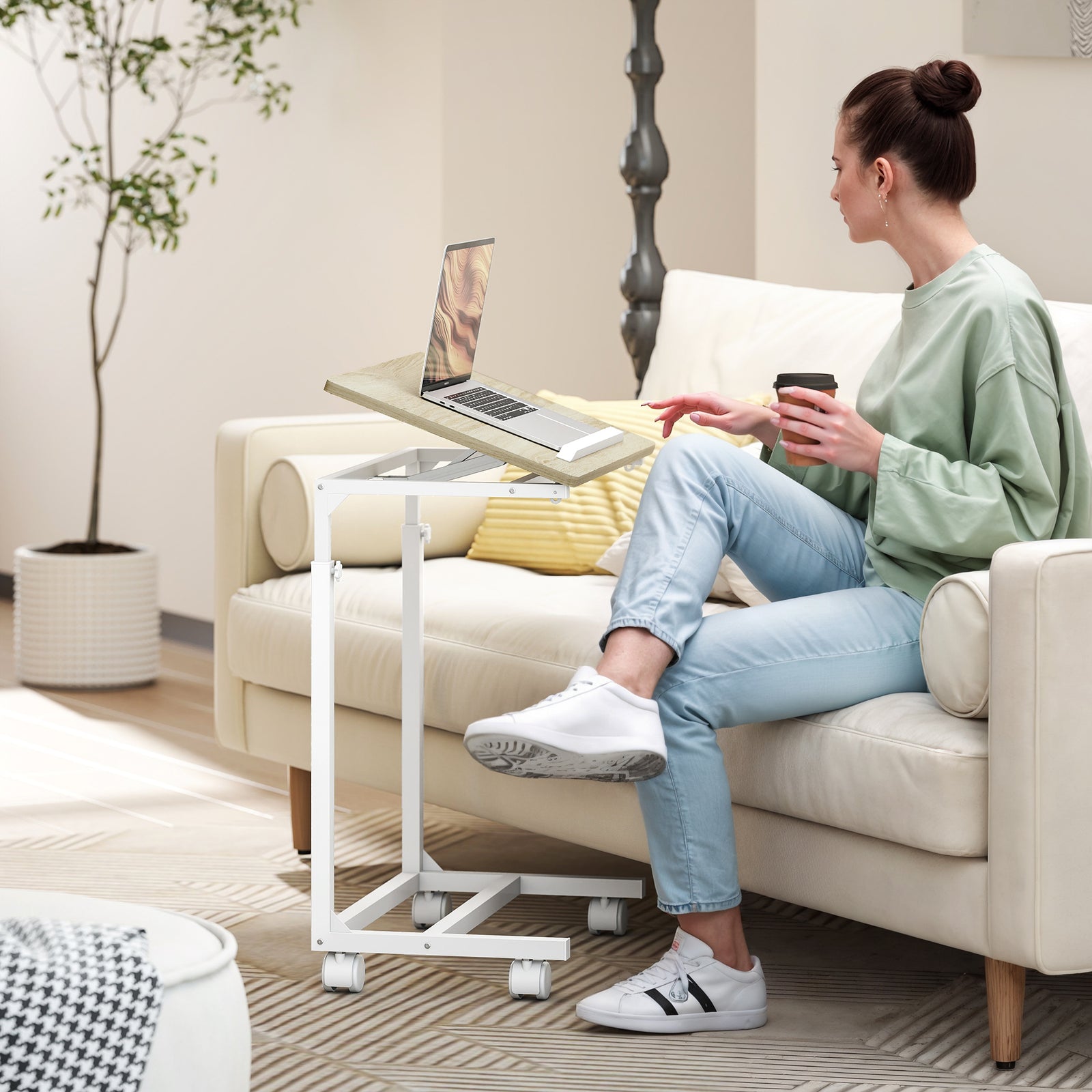 C-Shaped Sofa Side Table, Height Adjustable Overbed Table with Tilting Desktop, Mobile Laptop Desk for Living Room Bedroom, Oak and White