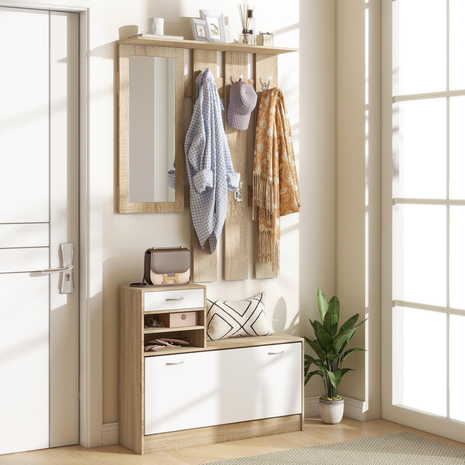 Three-in-One Hallway Storage Set - Natural Wood Finish/White