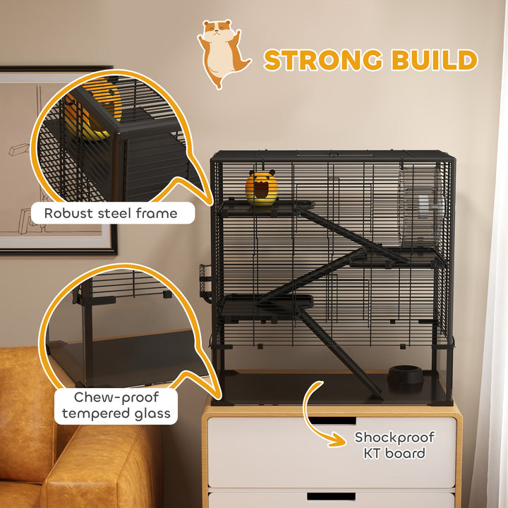 4 Tiers Hamster Cage with Deep Tempered Glass Bottom, Hut, Running Wheel, Food Dish, Water Bottle, 78.5 x 48.5 x 80cm