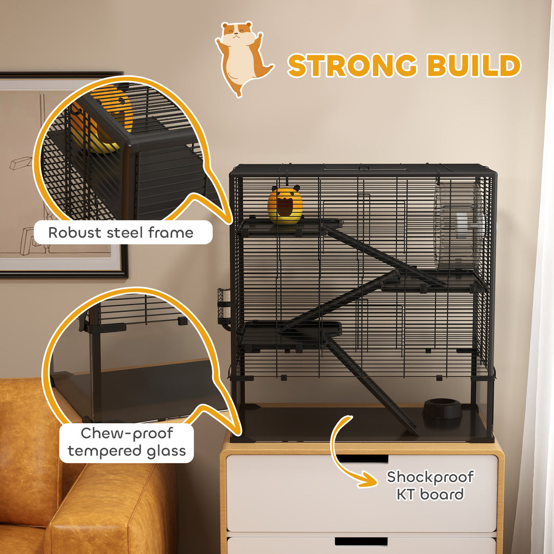 Four-Tier Hamster Cage with Deep Tempered Glass Bottom, Hut, Running Wheel, Food Dish, Water Bottle, 78.5 x 48.5 x 80cm