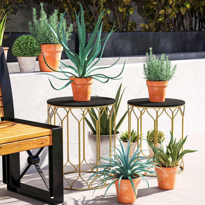 Round Coffee Table Set of 2, Modern Nesting Tables with Ceramic Tile Top, Small End Tables, Indoor Outdoor Side Table with Metal Frame for Living Room, Bedroom, Patio, Balcony, Black