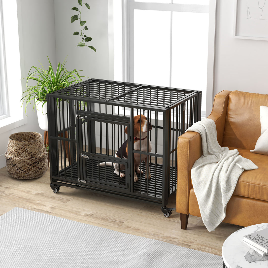 PawHut Durable Dog Crate, 43" Foldable Cage, Top Opening, Lockable, Removable Tray, Wheels, Black | Aosom UK