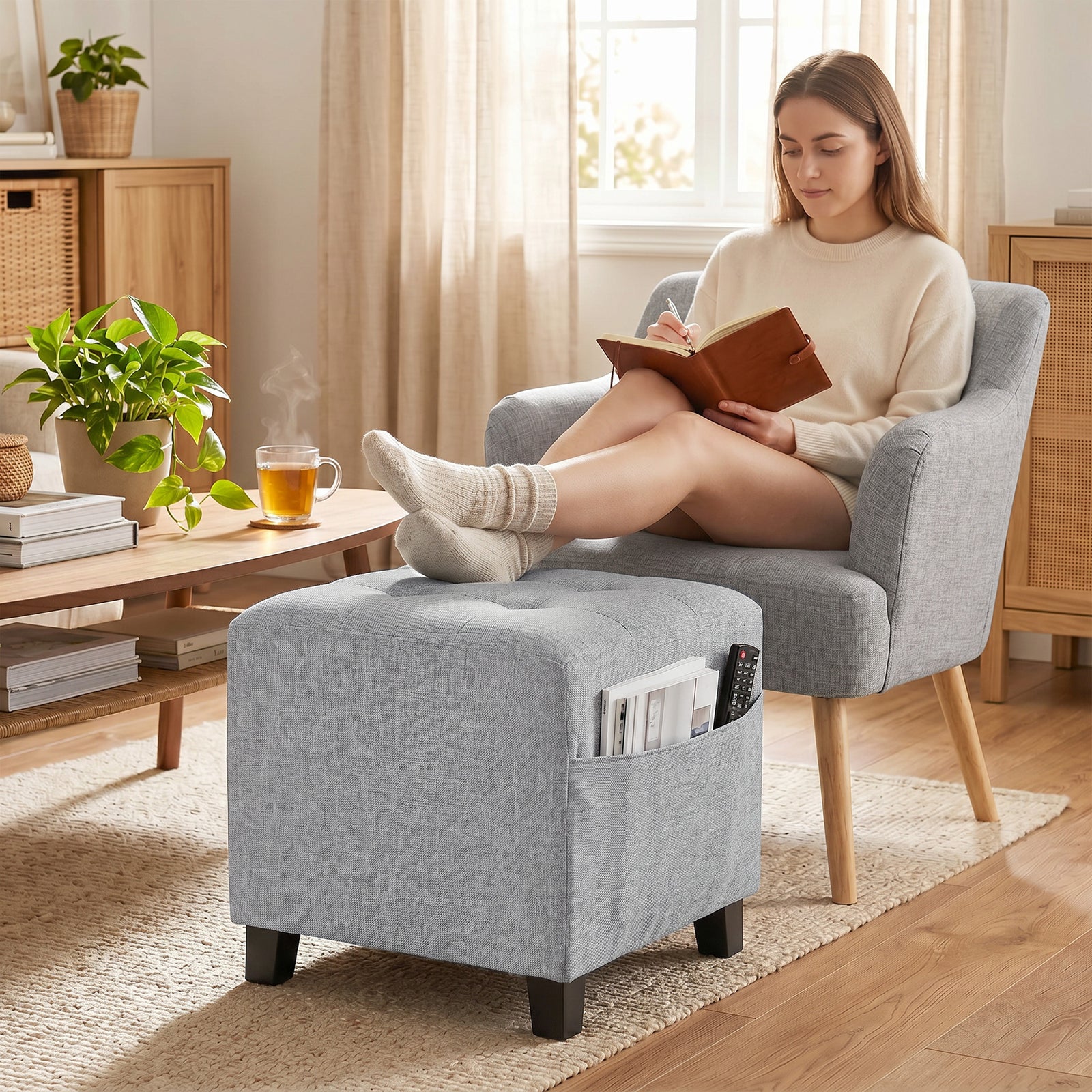 Square Footstool, Small Ottoman with Side Pocket, Linen Fabric Footres