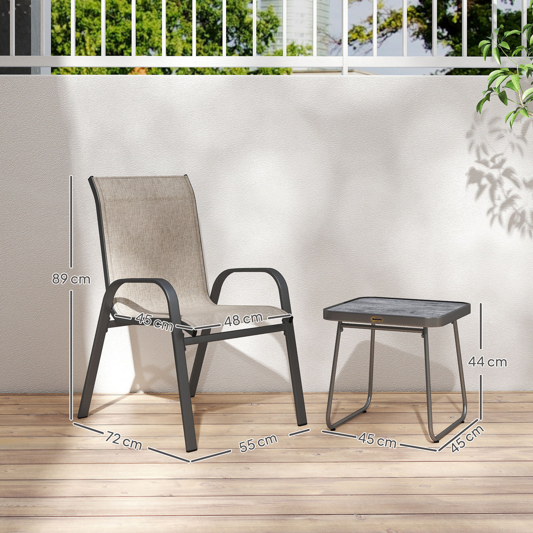 3 Pieces Outdoor Bistro Set, Patio Stackable Armchairs with Breathable Mesh Fabric and SPC Board Coffee Table, Brown