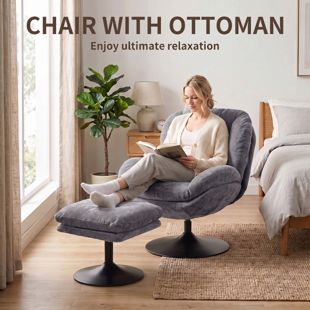 Modern Chenille Lazy Chair with Ottoman, 360° Swivel, Upholstered - view 4