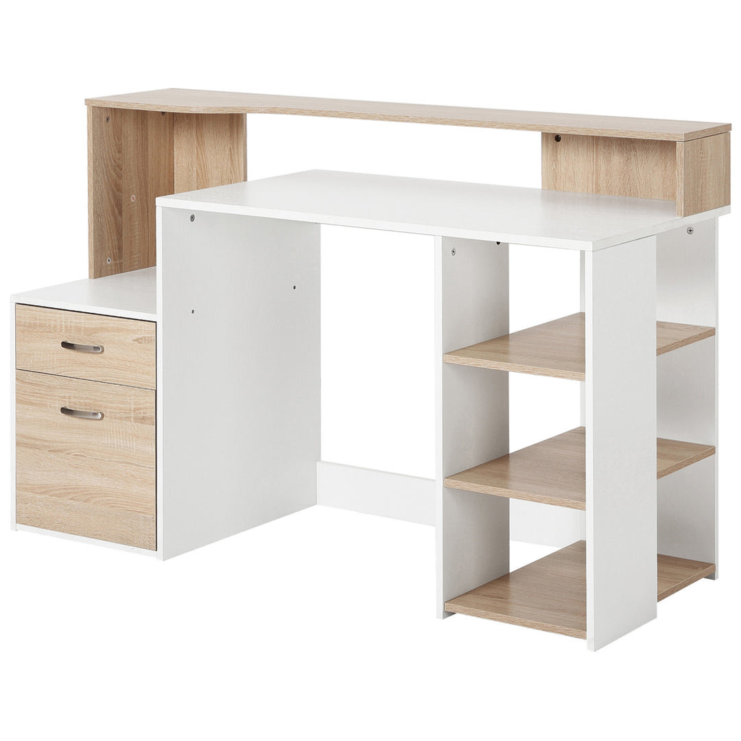 Computer Desk with Drawers and Storage Shelves, Office Desk Writing Table with Printer Stand, Large Workstation for Study Play Work Home Office, 137 x 55 x 92cm, Oak