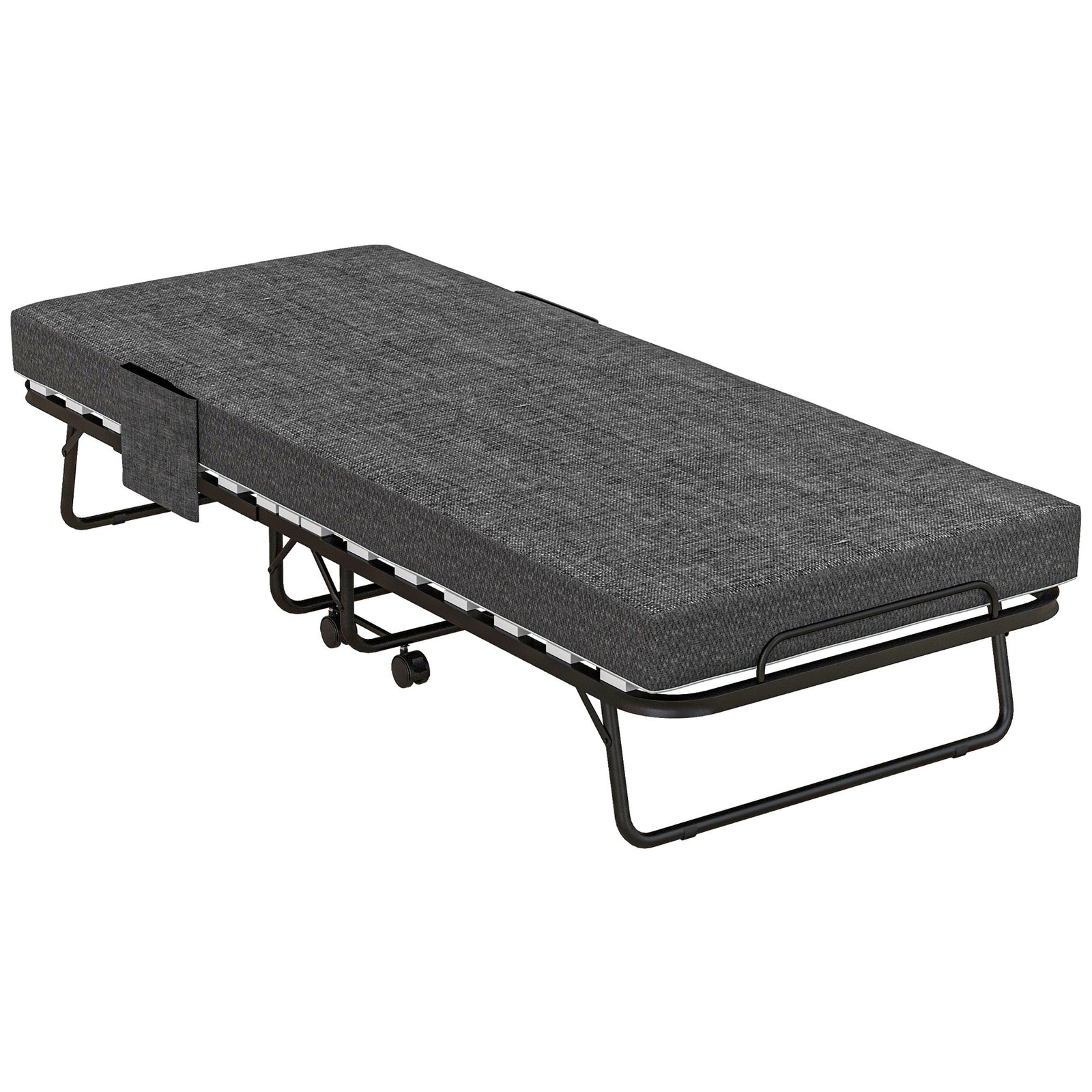 Single Steel Frame Folding Bed, with Wheels - Black/Grey