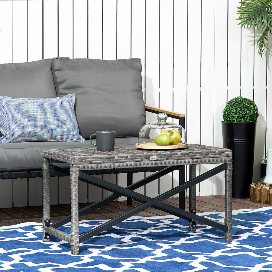 Outdoor Coffee Table, Garden PE Rattan Side Table with Plastic Board Under the Full Woven Table Top and X-Shape Frame for Patio, Balcony, Mixed Grey