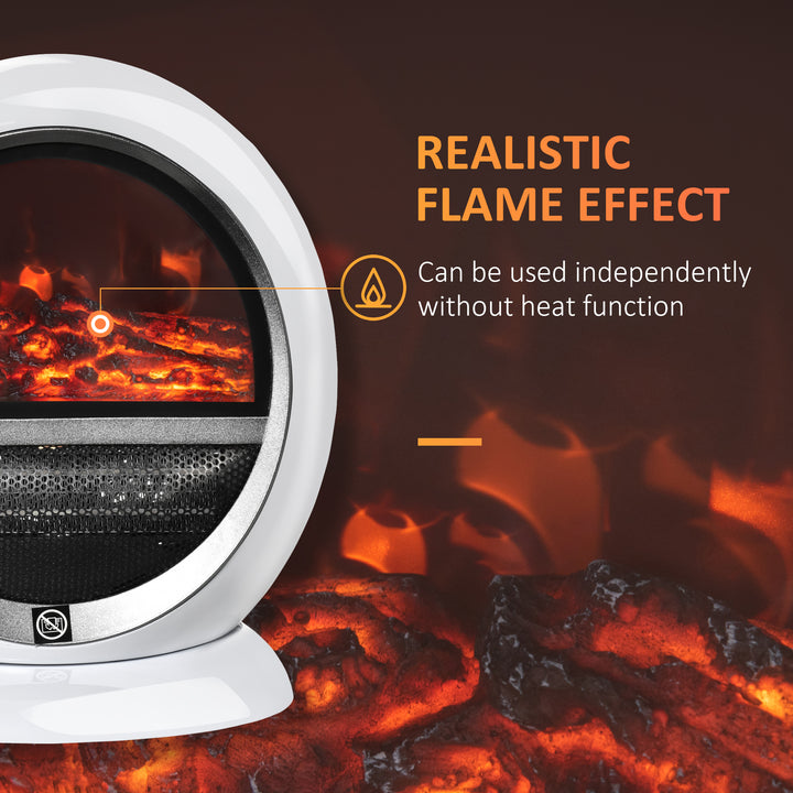 Freestanding Electric Fireplace Indoor Space Table Top Heater with Realistic Flame Effect, Rotatable Head, Overheating Protection, 1500W, White