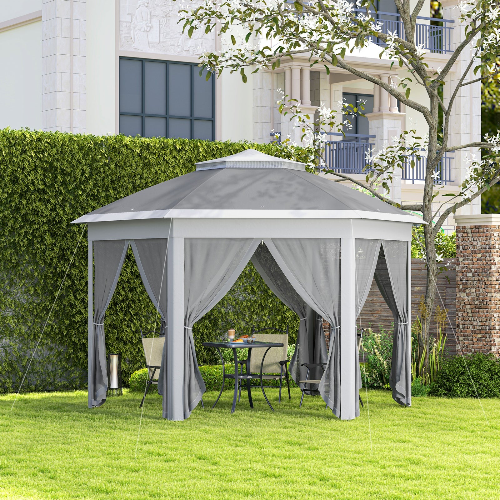 3 x 4m Garden Gazebo Hexagon Pop Up Gazebo Party Tent Canopy Double Roof Instant Shelter with Netting and Carry Bag for Outdoor Patio, Dark Grey