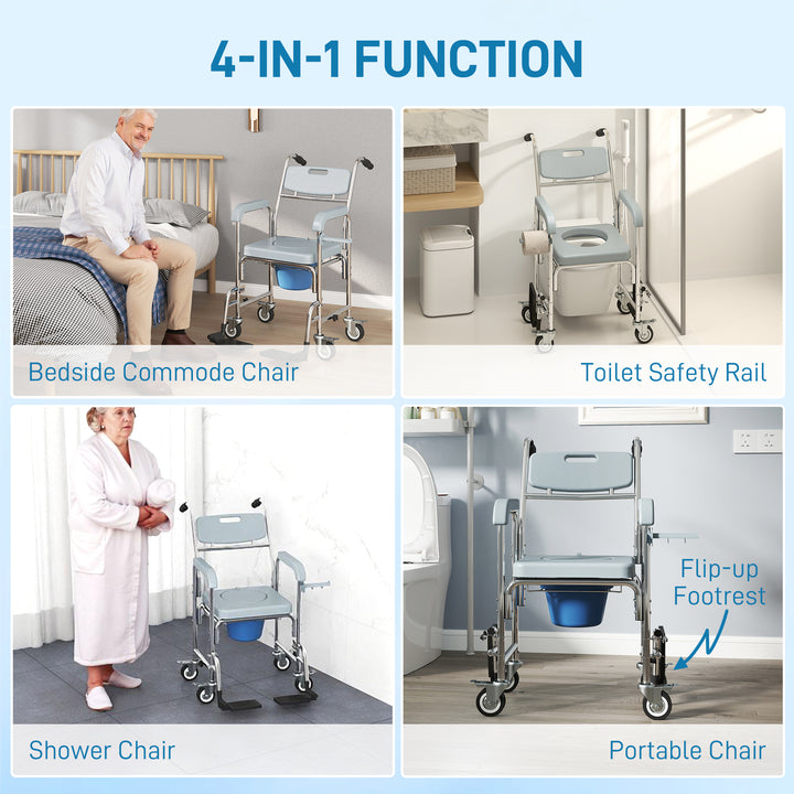 Rolling Shower Wheelchair for Seniors, Bedside Commode Chair with Locking Wheels, Seat, Backrest, Arms