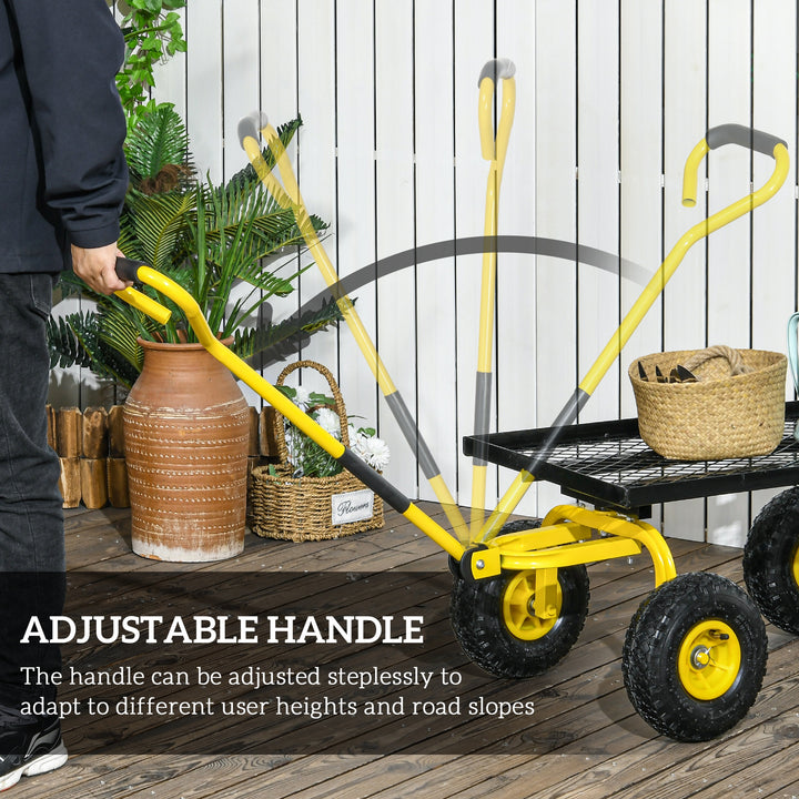 Garden Trolley Cart, Heavy Duty Garden Cart with Metal Frame, 10" Pneumatic Wheels, Rotating Handle, 150kg Capacity, for Garden, Farm, Yellow