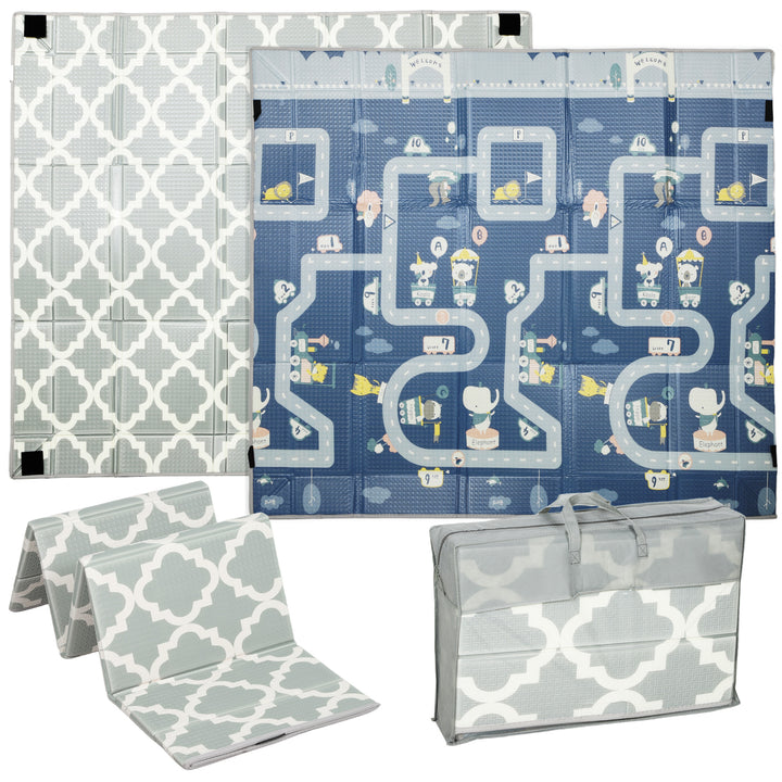 MCL Foldable Baby Play Mat, Baby Playpen, Reversible Foam Playmat, Floor Mats for Toddlers, Traffic and Grey Diamond Theme