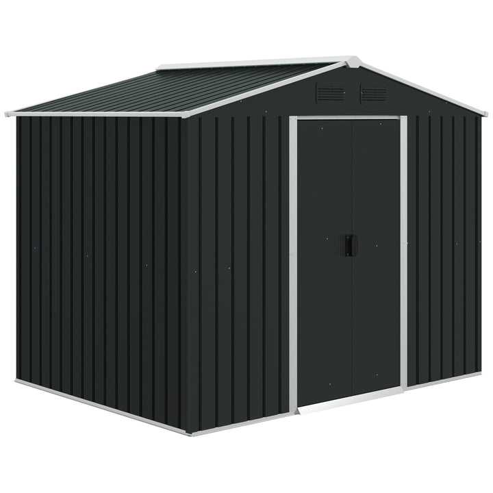 Outsunny 8 x 6ft Garden Storage Shed Double Door Ventilation Windows Sloped Roof Outdoor Equipment Tool, Grey