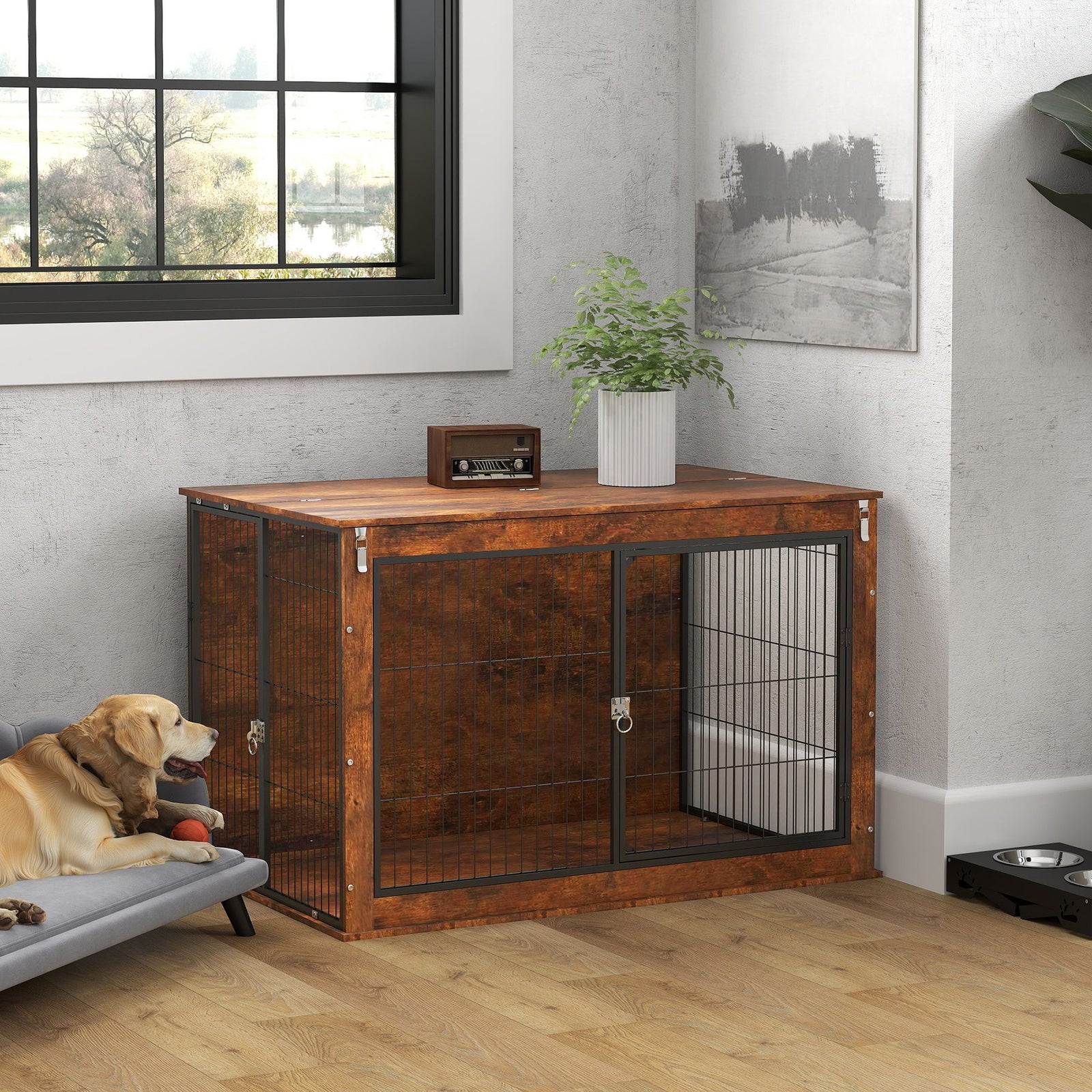 Dog Crate Furniture with Openable Top, Two Doors, for Extra Large Dogs, Rustic Brown