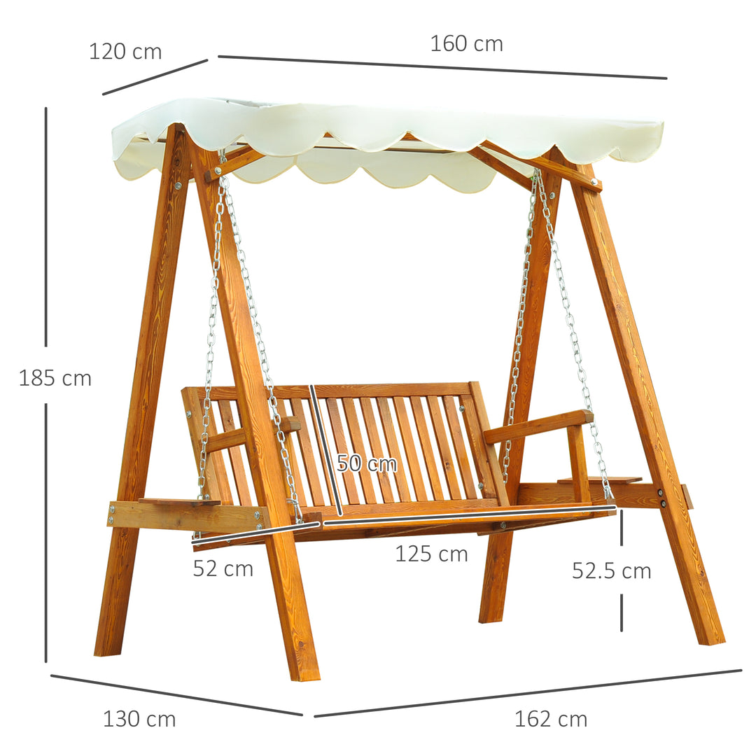 2 Seater Garden Swing Seat with Canopy, Wooden Swing Chair, Outdoor Hammock Bench for Balcony Patio Porch, Cream White