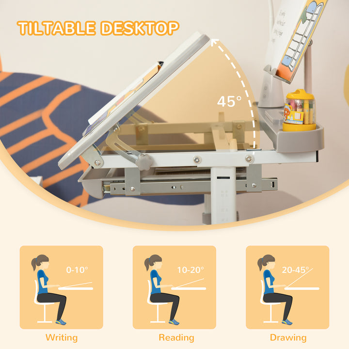 HOMCOM Children's Study Desk Set with USB Lamp & Storage Drawer, Activity Table for Arts, Crafts, Grey and White