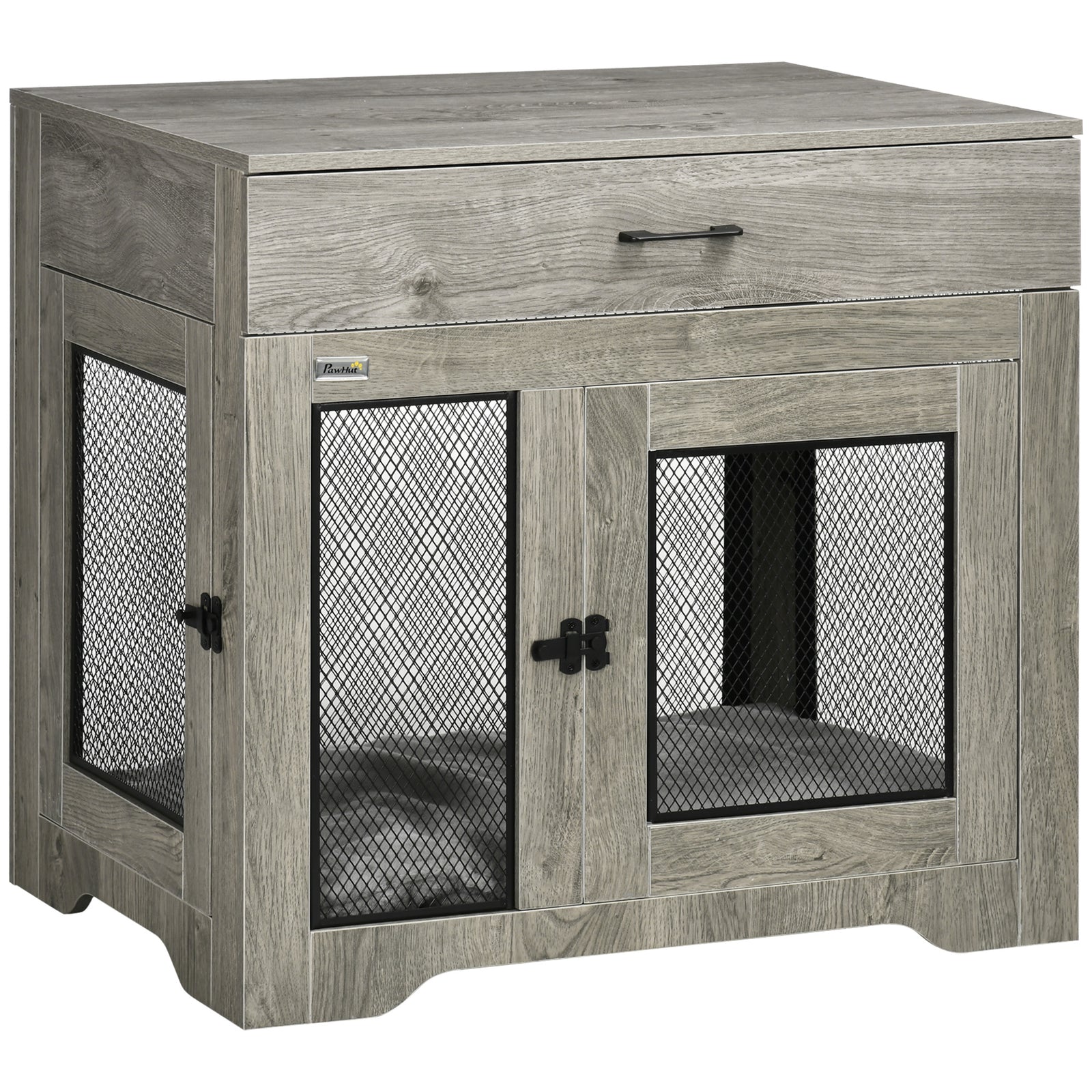 Dog Cage End Table with Two Doors, Drawer, for Medium Dogs - Grey