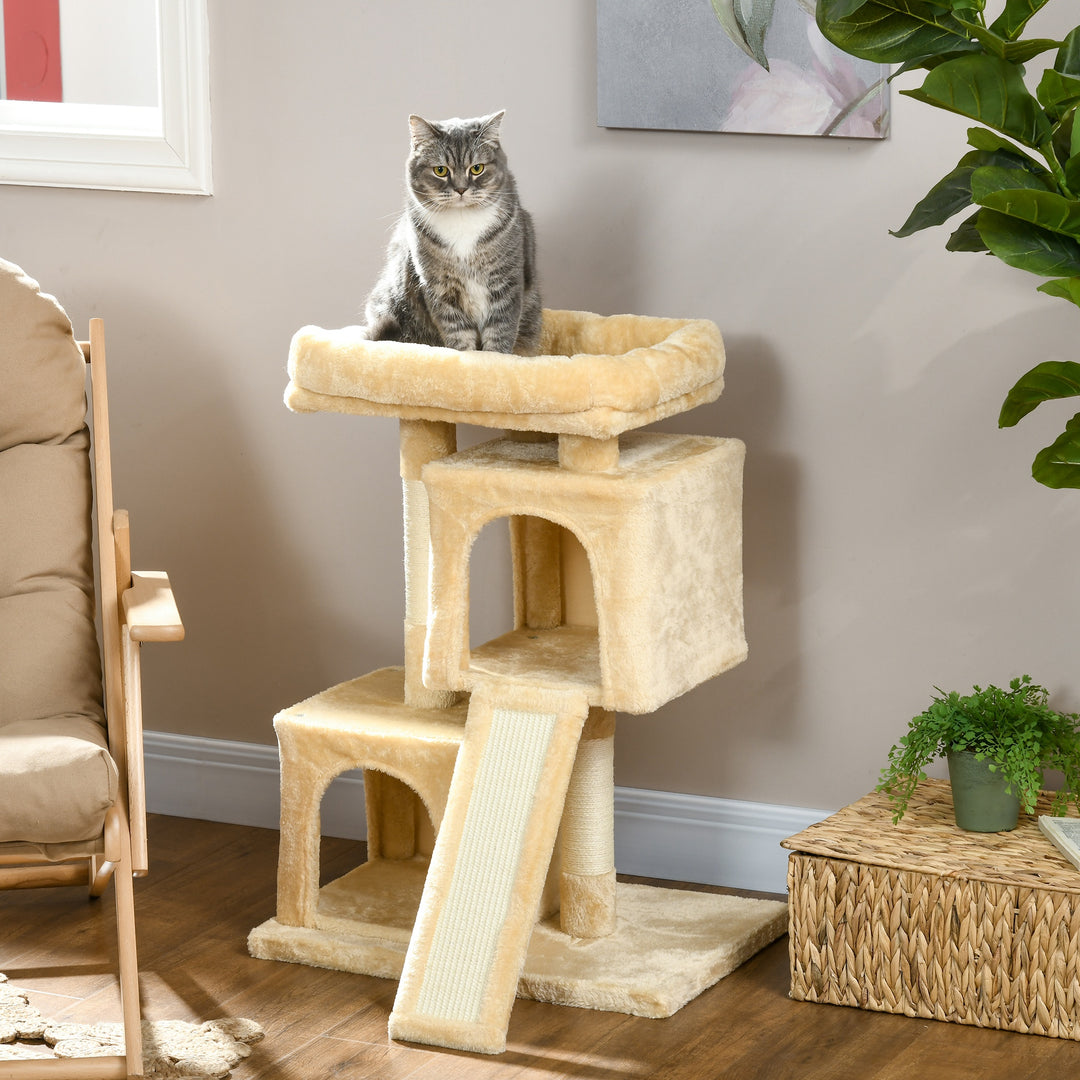 PawHut Deluxe Cat Activity Centre: Sisal Rest & Play with 2 Cosy Houses, Cream White | Aosom UK