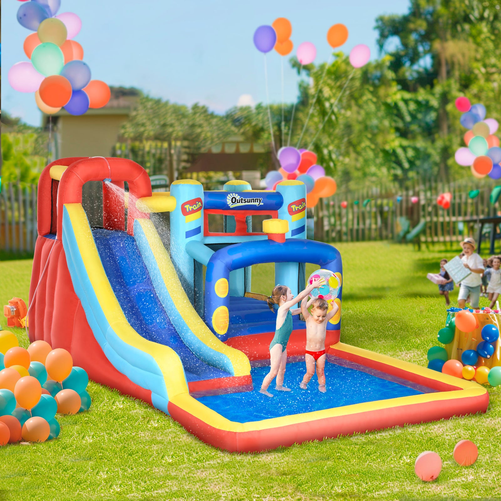 4-in-1 Bouncy Castle, with Slide, Trampoline, Climbing Wall, Blower, Multicoloured