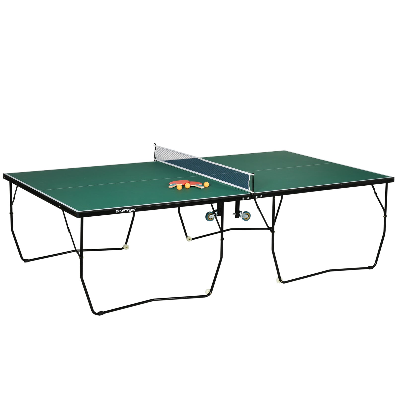 SPORTNOW 9FT Folding Tennis Table, with 8 Wheels, for Indoor Use, Green