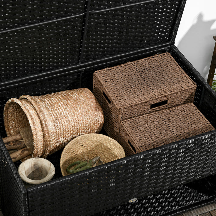 Outsunny Rattan Effect Garden Storage Box, Weatherproof Outdoor Deck Box with Shoe Shelf, Black