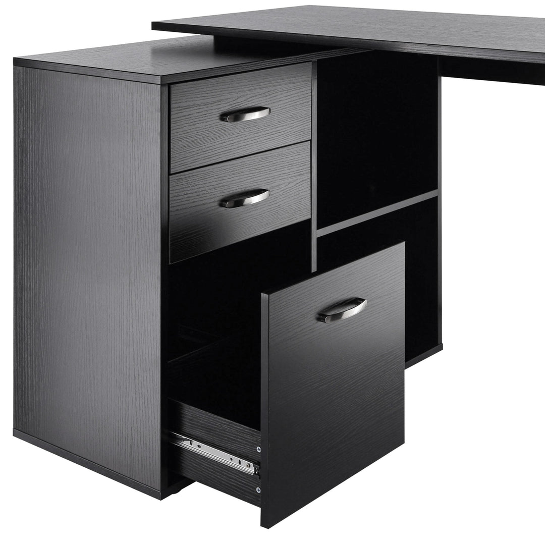 L Shaped Computer Desk, Reversible Home Office Desk with Drawers, File Cabinet and Storage Shelves, Study Table, 117 x 83.5 x 76cm, Black