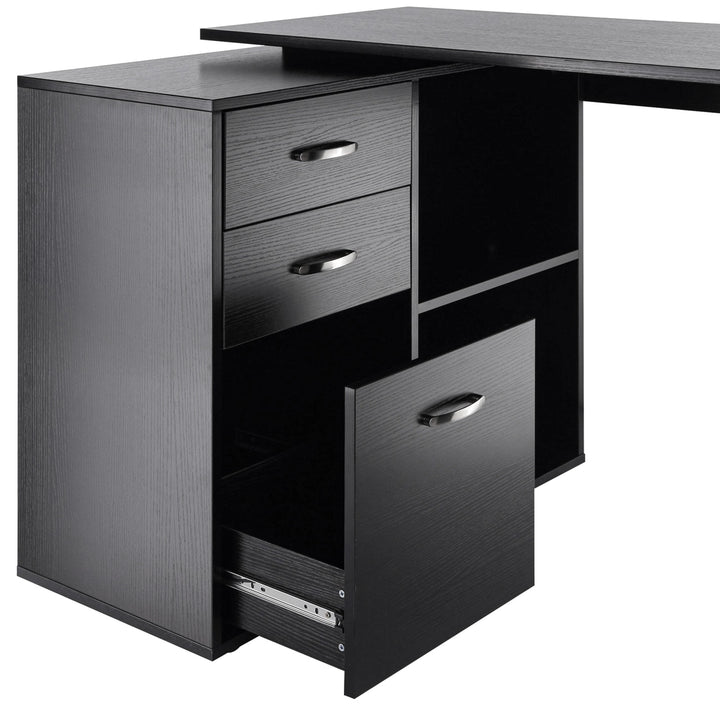 L Shaped Computer Desk, Reversible Home Office Desk with Drawers, File Cabinet and Storage Shelves, Study Table, 117 x 83.5 x 76cm, Black