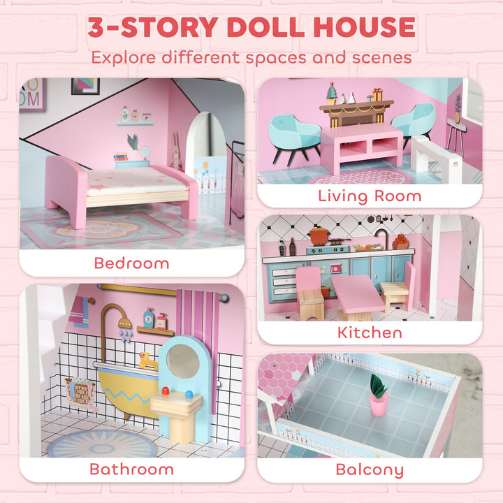 Wooden Dolls House, Large 3-Storey Modern Dollhouse with 10 - view 4